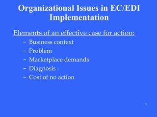Organizational Issues in EC/EDI
Implementation
Elements of an effective case for action:
–
–
–
–
–

Business context
Problem
Marketplace demands
Diagnosis
Cost of no action

70

 