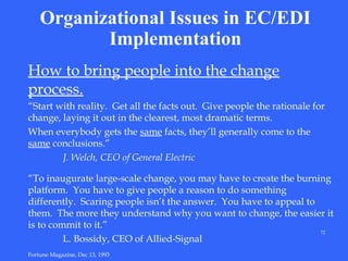 Organizational Issues in EC/EDI
Implementation
How to bring people into the change
process.
“Start with reality. Get all the facts out. Give people the rationale for
change, laying it out in the clearest, most dramatic terms.
When everybody gets the same facts, they’ll generally come to the
same conclusions.”
J. Welch, CEO of General Electric
“To inaugurate large-scale change, you may have to create the burning
platform. You have to give people a reason to do something
differently. Scaring people isn’t the answer. You have to appeal to
them. The more they understand why you want to change, the easier it
is to commit to it.”
72
L. Bossidy, CEO of Allied-Signal
Fortune Magazine, Dec 13, 1993

 