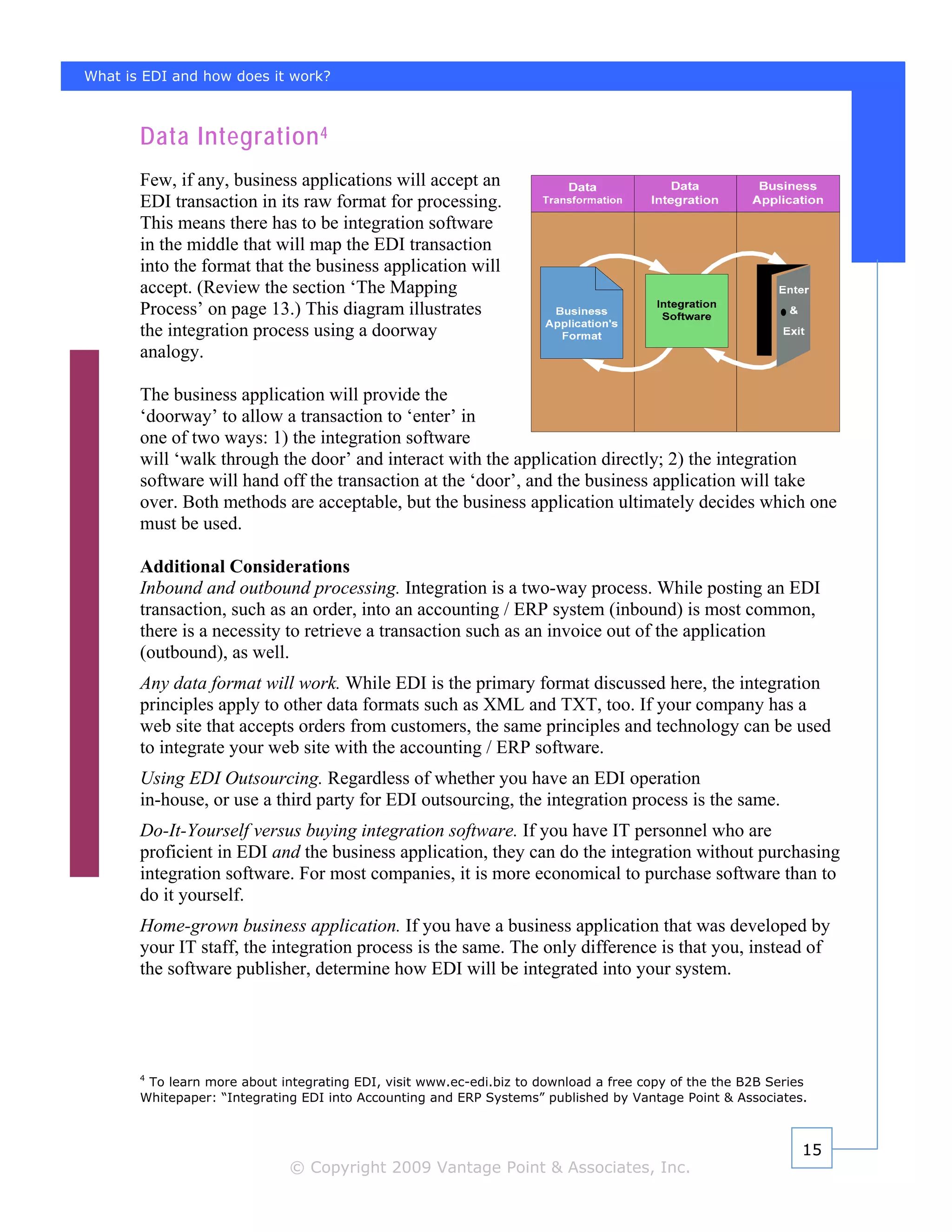 What is EDI and how does it work?



       Data Integration 4
       Few, if any, business applications will accept an
       EDI transaction in its raw format for processing.
       This means there has to be integration software
       in the middle that will map the EDI transaction
       into the format that the business application will
       accept. (Review the section ‘The Mapping
       Process’ on page 13.) This diagram illustrates
       the integration process using a doorway
       analogy.

       The business application will provide the
       ‘doorway’ to allow a transaction to ‘enter’ in
       one of two ways: 1) the integration software
       will ‘walk through the door’ and interact with the application directly; 2) the integration
       software will hand off the transaction at the ‘door’, and the business application will take
       over. Both methods are acceptable, but the business application ultimately decides which one
       must be used.

       Additional Considerations
       Inbound and outbound processing. Integration is a two-way process. While posting an EDI
       transaction, such as an order, into an accounting / ERP system (inbound) is most common,
       there is a necessity to retrieve a transaction such as an invoice out of the application
       (outbound), as well.
       Any data format will work. While EDI is the primary format discussed here, the integration
       principles apply to other data formats such as XML and TXT, too. If your company has a
       web site that accepts orders from customers, the same principles and technology can be used
       to integrate your web site with the accounting / ERP software.
       Using EDI Outsourcing. Regardless of whether you have an EDI operation
       in-house, or use a third party for EDI outsourcing, the integration process is the same.
       Do-It-Yourself versus buying integration software. If you have IT personnel who are
       proficient in EDI and the business application, they can do the integration without purchasing
       integration software. For most companies, it is more economical to purchase software than to
       do it yourself.
       Home-grown business application. If you have a business application that was developed by
       your IT staff, the integration process is the same. The only difference is that you, instead of
       the software publisher, determine how EDI will be integrated into your system.




       4
        To learn more about integrating EDI, visit www.ec-edi.biz to download a free copy of the the B2B Series
       Whitepaper: “Integrating EDI into Accounting and ERP Systems” published by Vantage Point & Associates.



                                                                                                              15
                              © Copyright 2009 Vantage Point & Associates, Inc.
 
