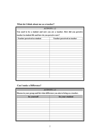 What do I think about me as a teacher?
                                 ACTIVITY: 1.2
You used to be a student and now you are a teacher. How did you perceive
teacher in student life and how do you perceive now?
 Teacher perceived as student                Teacher perceived as teacher




Can I make a Difference?
                                 ACTIVITY: 1.3
Discuss in your group and list what difference you aim to bring as a teacher.
              In yourself                           In your student




                                        2
 