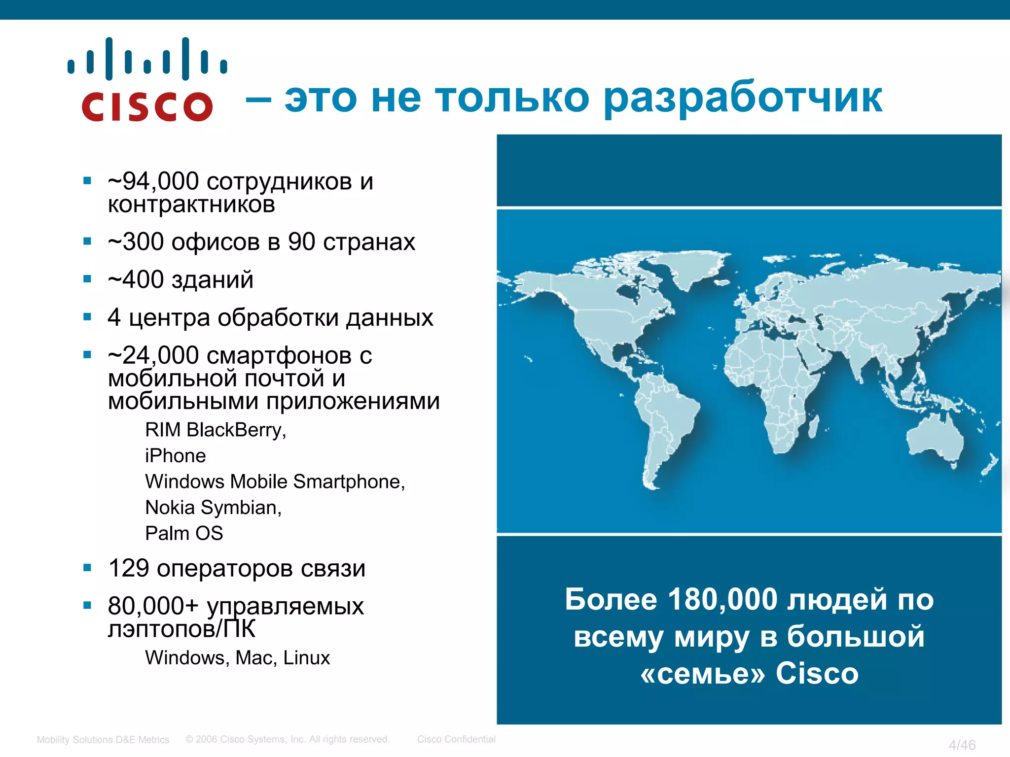 – это не только разработчик
           ~94,000 сотрудников и
            контрактников
           ~300 офисов в 90 странах
           ~400 зданий
           4 центра обработки данных
           ~24,000 смартфонов с
            мобильной почтой и
            мобильными приложениями
                        RIM BlackBerry,
                        iPhone
                        Windows Mobile Smartphone,
                        Nokia Symbian,
                        Palm OS
           129 операторов связи
           80,000+ управляемых                                                                         Более 180,000 людей по
            лэптопов/ПК                                                                                 всему миру в большой
                        Windows, Mac, Linux
                                                                                                            «семье» Cisco
Mobility Solutions D&E Metrics   © 2006 Cisco Systems, Inc. All rights reserved.   Cisco Confidential
                                                                                                                                 4/46
 