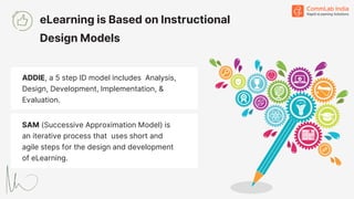 ADDIE, a 5 step ID model includes Analysis,
Design, Development, Implementation, &
Evaluation.
SAM (Successive Approximation Model) is
an iterative process that uses short and
agile steps for the design and development
of eLearning.
eLearning is Based on Instructional
Design Models
 