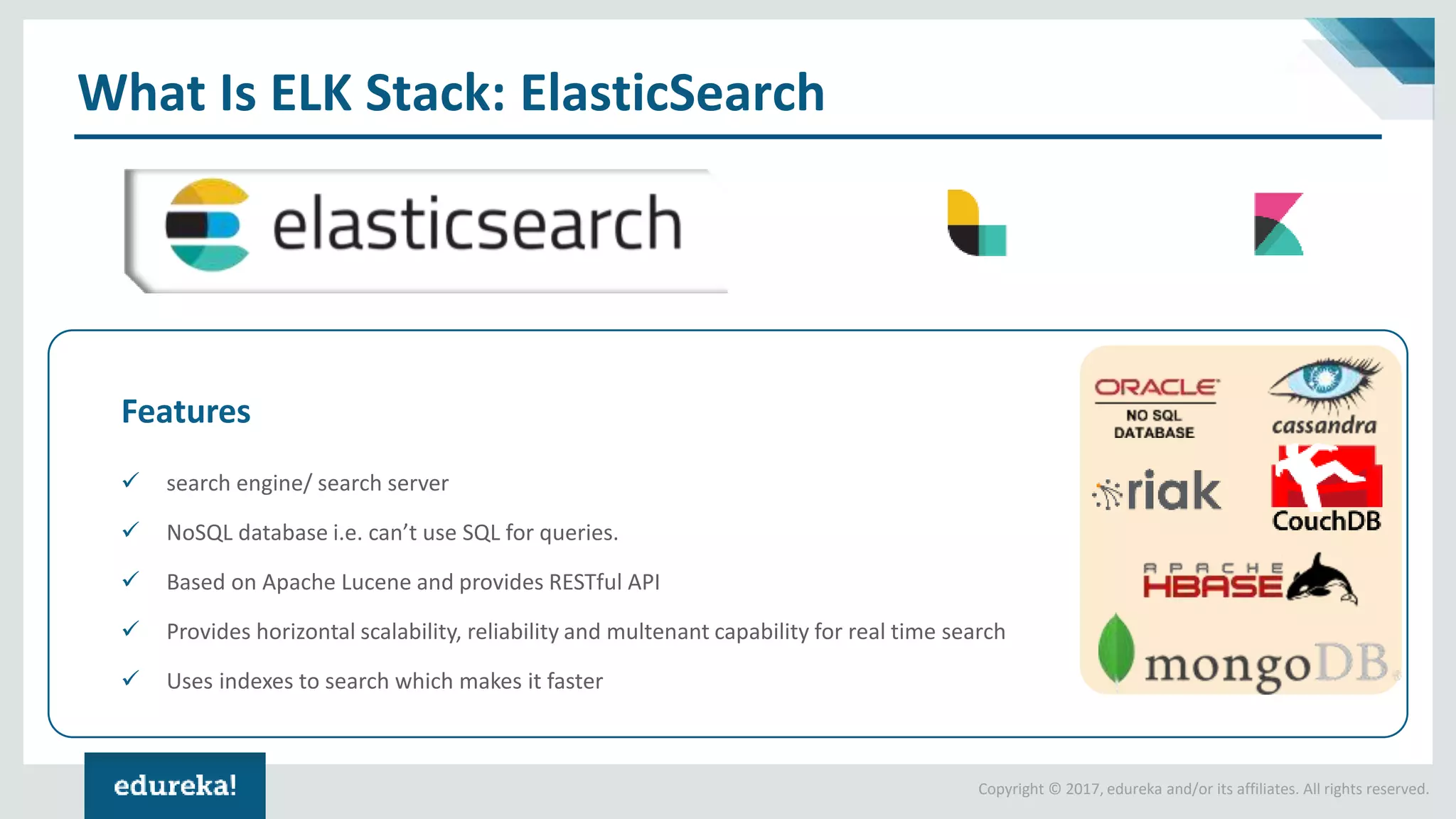 Copyright © 2017, edureka and/or its affiliates. All rights reserved.
What Is ELK Stack: ElasticSearch
✓ search engine/ search server
✓ NoSQL database i.e. can’t use SQL for queries.
✓ Based on Apache Lucene and provides RESTful API
✓ Provides horizontal scalability, reliability and multenant capability for real time search
✓ Uses indexes to search which makes it faster
Features
 