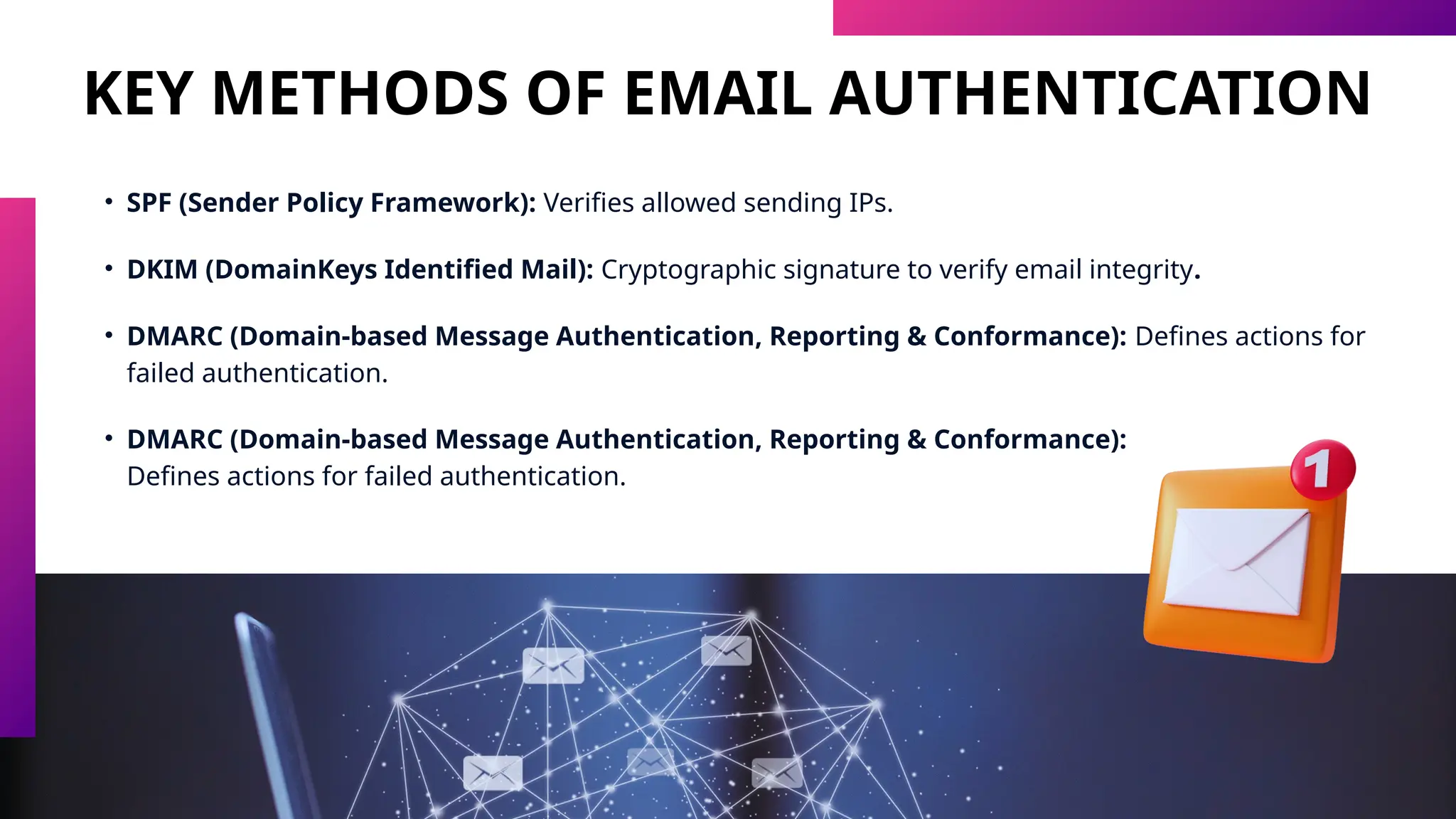 KEY METHODS OF EMAIL AUTHENTICATION
• SPF (Sender Policy Framework): Verifies allowed sending IPs.
• DKIM (DomainKeys Identified Mail): Cryptographic signature to verify email integrity.
• DMARC (Domain-based Message Authentication, Reporting & Conformance): Defines actions for
failed authentication.
• DMARC (Domain-based Message Authentication, Reporting & Conformance):
Defines actions for failed authentication.
 