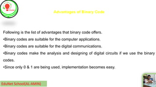 EduNet School(AL-AMIN)
Following is the list of advantages that binary code offers.
•Binary codes are suitable for the computer applications.
•Binary codes are suitable for the digital communications.
•Binary codes make the analysis and designing of digital circuits if we use the binary
codes.
•Since only 0 & 1 are being used, implementation becomes easy.
Advantages of Binary Code
 