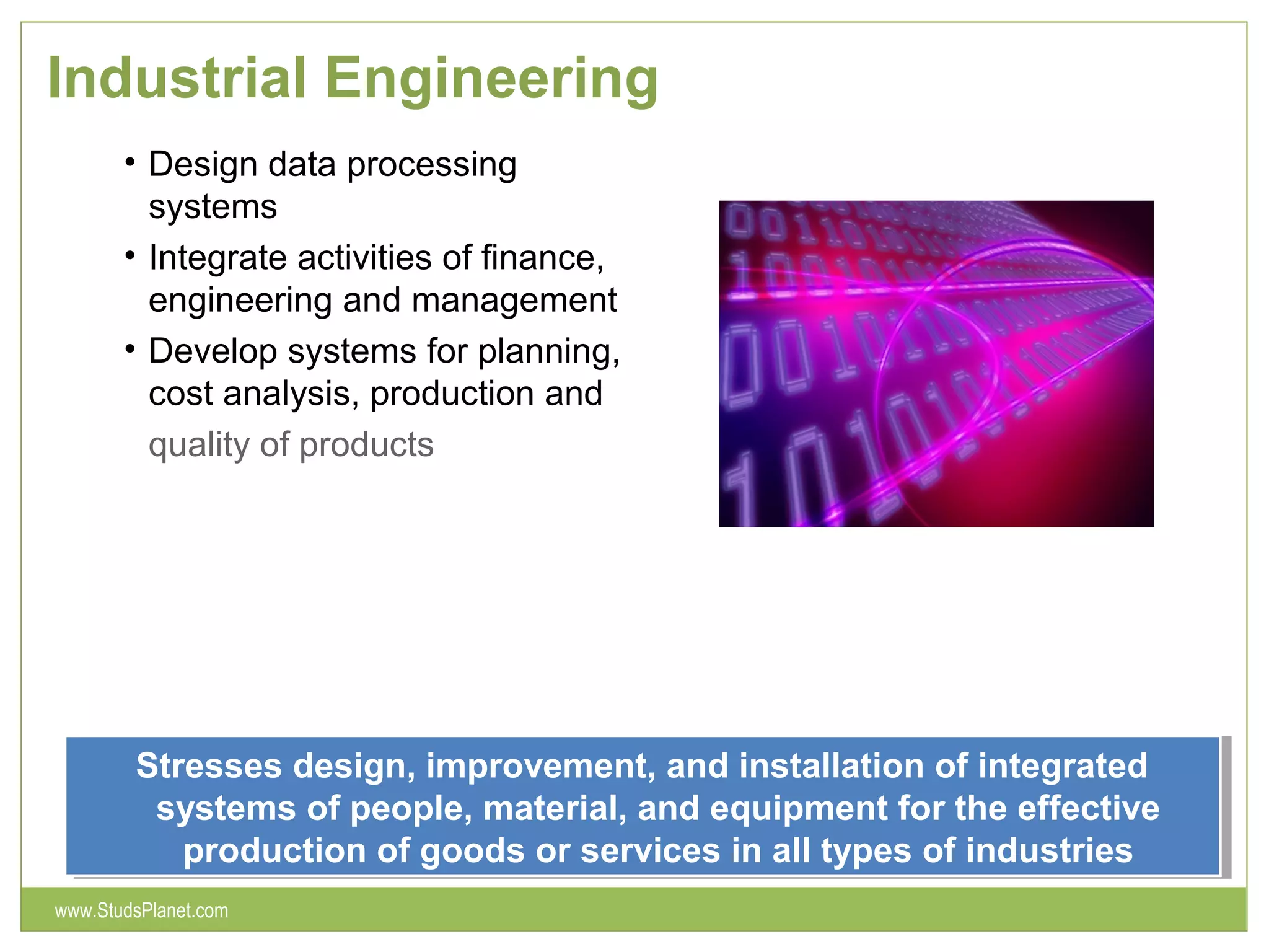 Industrial Engineering
• Design data processing
systems
• Integrate activities of finance,
engineering and management
• Develop systems for planning,
cost analysis, production and
quality of products
Stresses design, improvement, and installation of integrated
systems of people, material, and equipment for the effective
production of goods or services in all types of industries
Stresses design, improvement, and installation of integrated
systems of people, material, and equipment for the effective
production of goods or services in all types of industries
www.StudsPlanet.com
 