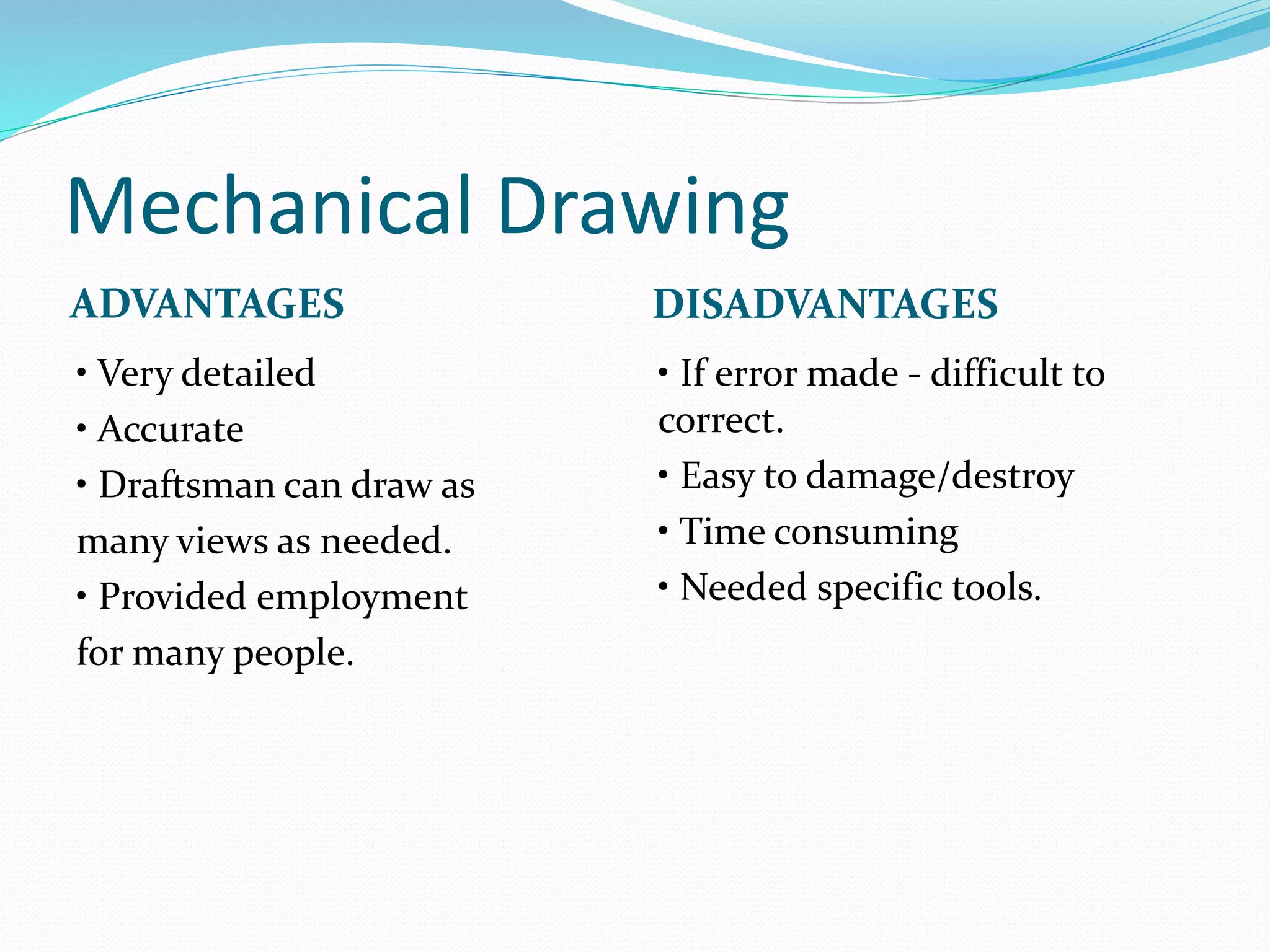 Mechanical Drawing
ADVANTAGES DISADVANTAGES
• Very detailed
• Accurate
• Draftsman can draw as
many views as needed.
• Provided employment
for many people.
• If error made - difficult to
correct.
• Easy to damage/destroy
• Time consuming
• Needed specific tools.
 