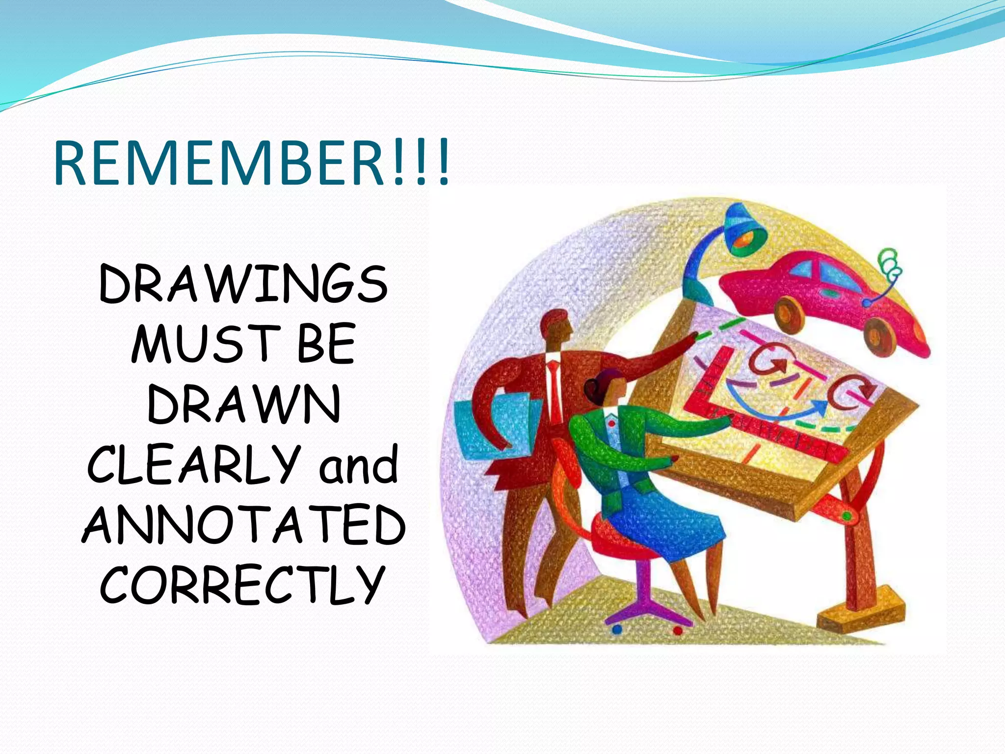 REMEMBER!!!
DRAWINGS
MUST BE
DRAWN
CLEARLY and
ANNOTATED
CORRECTLY
 