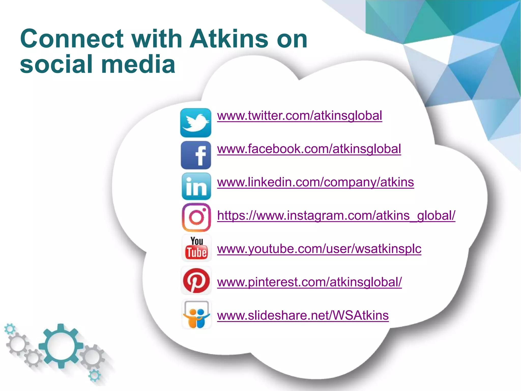 www.twitter.com/atkinsglobal
www.facebook.com/atkinsglobal
www.linkedin.com/company/atkins
https://www.instagram.com/atkins_global/
www.youtube.com/user/wsatkinsplc
www.pinterest.com/atkinsglobal/
www.slideshare.net/WSAtkins
Connect with Atkins on
social media
 