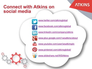www.twitter.com/atkinsglobal
www.facebook.com/atkinsglobal
www.linkedin.com/company/atkins
www.google.com/+wsatkins
www.youtube.com/wsatkinsplc
www.pinterest.com/atkinsglobal
www.slideshare.net/WSAtkins
Connect with Atkins on
social media
 
