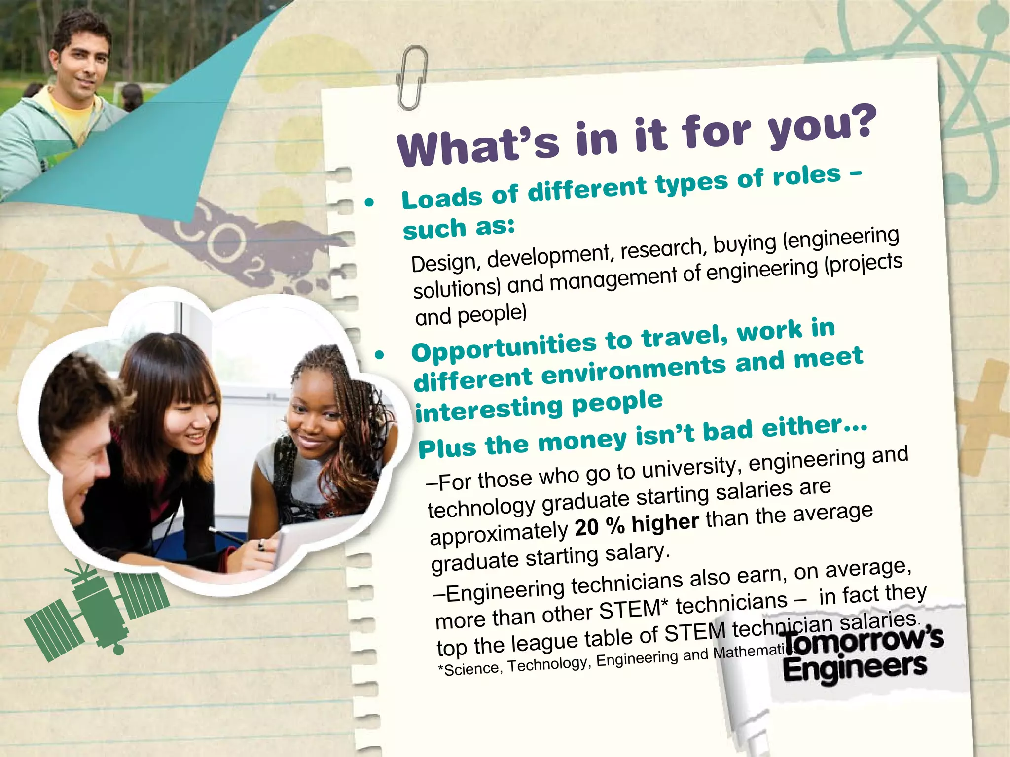 What’s in it for you?
• Loads of different types of roles –
such as:
Design, development, research, buying (engineering
solutions) and management of engineering (projects
and people)
• Opportunities to travel, work in
different environments and meet
interesting people
• Plus the money isn’t bad either…
–For those who go to university, engineering and
technology graduate starting salaries are
approximately 20 % higher than the average
graduate starting salary.
–Engineering technicians also earn, on average,
more than other STEM* technicians – in fact they
top the league table of STEM technician salaries.
*Science, Technology, Engineering and Mathematics
 