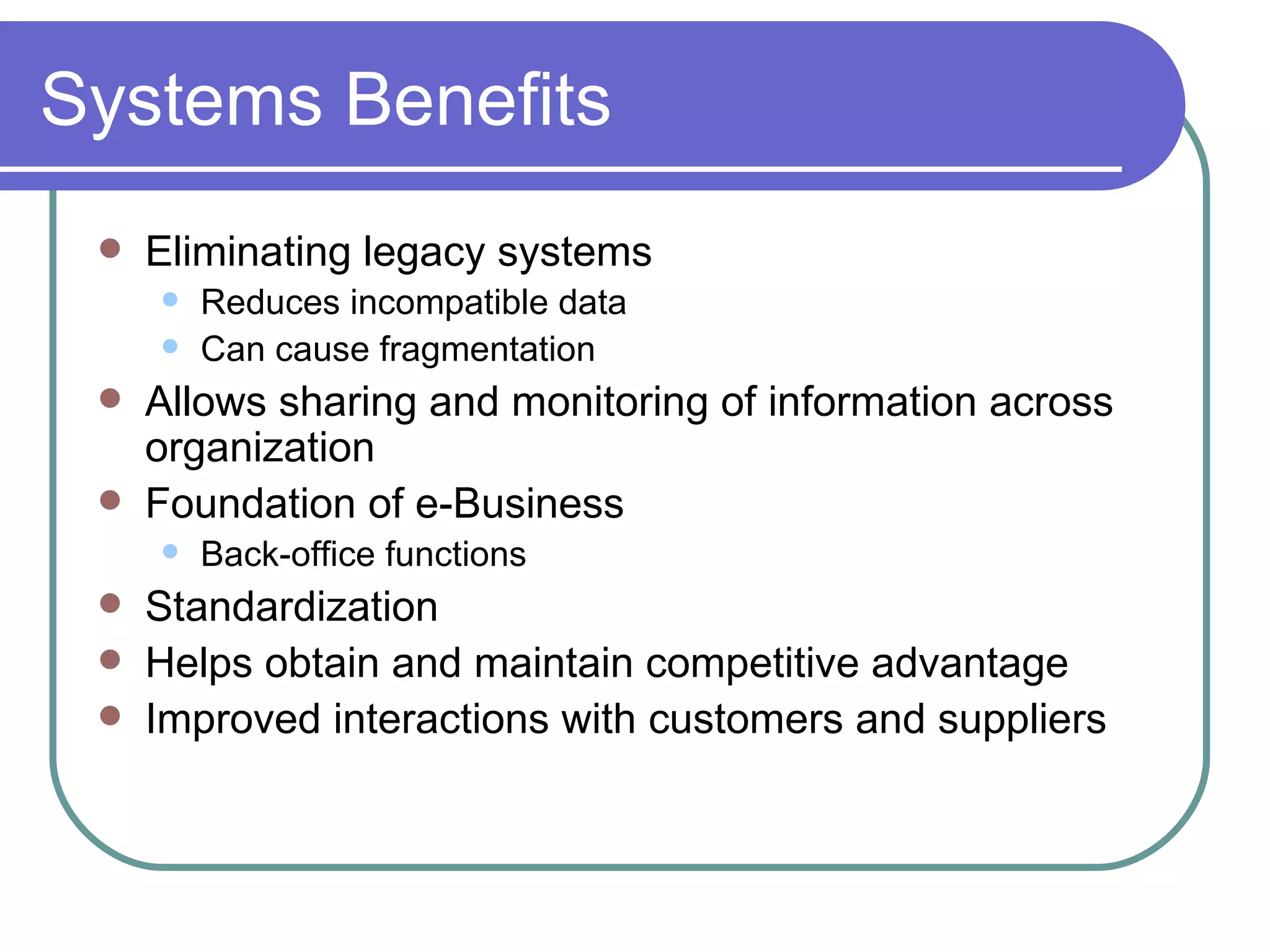 Systems Benefits Eliminating legacy systems Reduces incompatible data Can cause fragmentation Allows sharing and monitoring of information across organization Foundation of e-Business Back-office functions Standardization  Helps obtain and maintain competitive advantage Improved interactions with customers and suppliers 