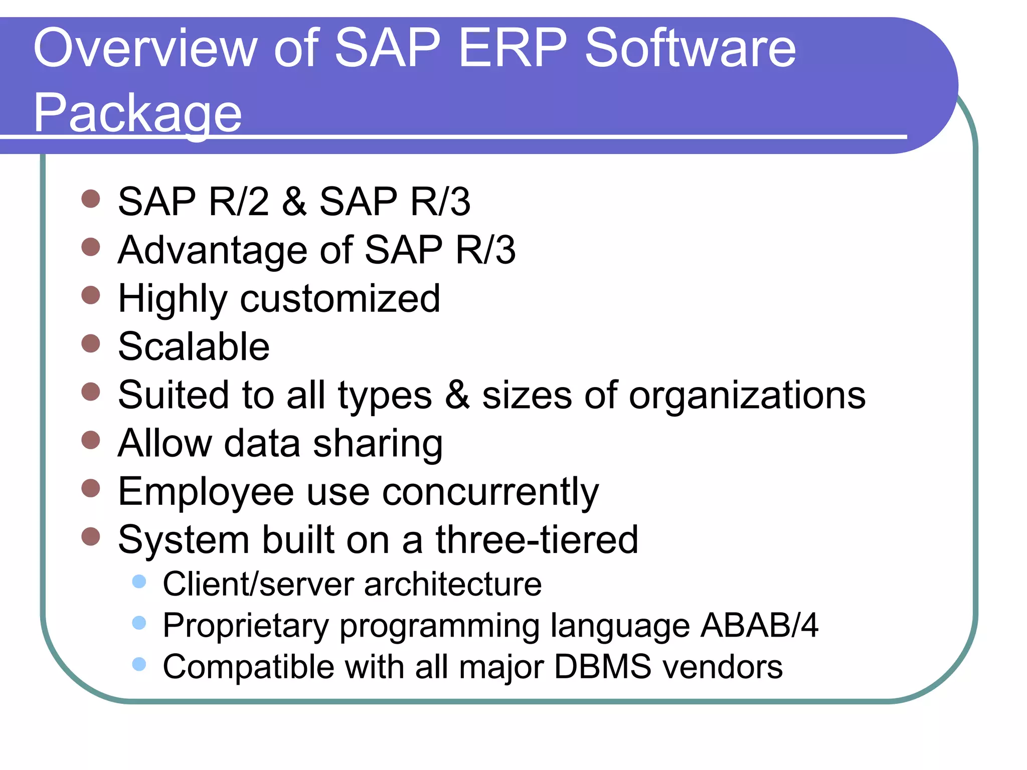 Overview of SAP ERP Software Package SAP R/2 & SAP R/3 Advantage of SAP R/3 Highly customized Scalable Suited to all types & sizes of organizations Allow data sharing Employee use concurrently System built on a three-tiered Client/server architecture Proprietary programming language ABAB/4 Compatible with all major DBMS vendors 