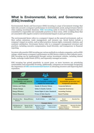 What Is Environmental, Social, and Governance
(ESG) Investing?
Environmental, Social, and Governance (ESG) investing is a type of investment strategy that
takes into account a company's performance in environmental, social, and governance factors
when making investment decisions. ESG investing seeks to invest in companies that are
committed to responsible and sustainable practices in these areas, while avoiding those that
are associated with negative social or environmental impact or poor governance.
The environmental factor refers to a company's impact on the natural environment, such as
their carbon emissions, waste management, and resource use. Social factors include a
company's impact on society, such as labor practices, human rights, community relations, and
customer satisfaction. Governance factors refer to a company's management structure and
practices, including executive compensation, board diversity, and transparency in financial
reporting.
Investors who practice ESG investing use various methods to evaluate companies, such as ESG
ratings, which assess a company's performance on ESG factors relative to their industry peers.
ESG investing can be implemented through various investment vehicles, including mutual
funds, exchange-traded funds (ETFs), and separately managed accounts.
ESG investing has gained popularity in recent years, as more investors are prioritizing
sustainability and responsible investing. Additionally, companies are increasingly recognizing
the importance of ESG environmental factors in attracting investors and improving their
reputation.
 