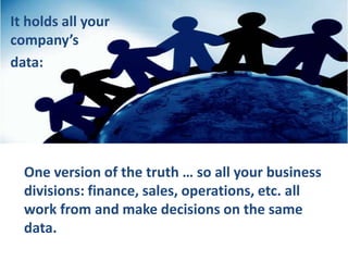 It holds all your
company’s
data:




  One version of the truth … so all your business
  divisions: finance, sales, operations, etc. all
  work from and make decisions on the same
  data.
 