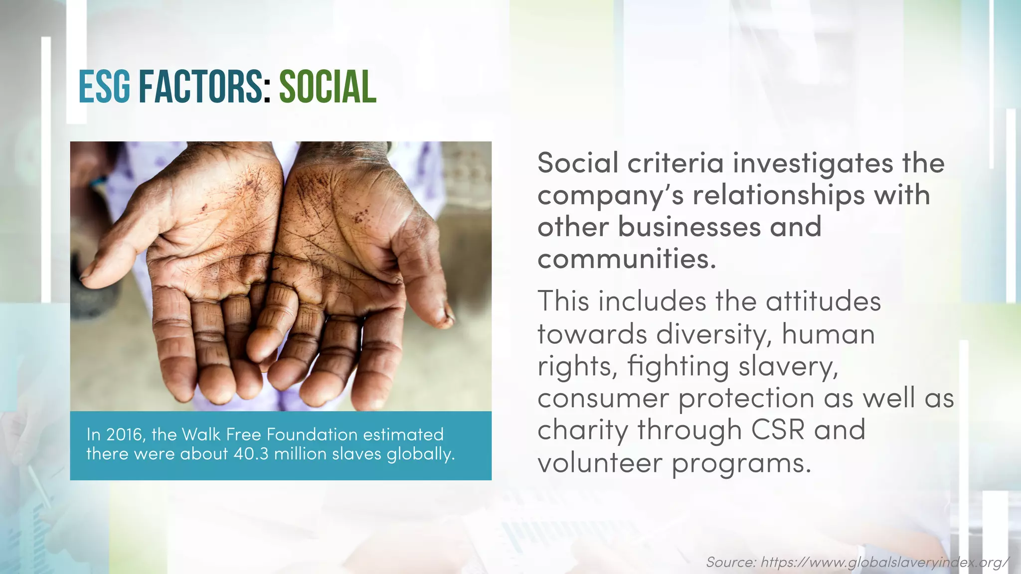 Source: https://www.globalslaveryindex.org/
In 2016, the Walk Free Foundation estimated
there were about 40.3 million slaves globally.
ESG Factors: Social
Social criteria investigates the
company’s relationships with
other businesses and
communities.
This includes the attitudes
towards diversity, human
rights, fighting slavery,
consumer protection as well as
charity through CSR and
volunteer programs.