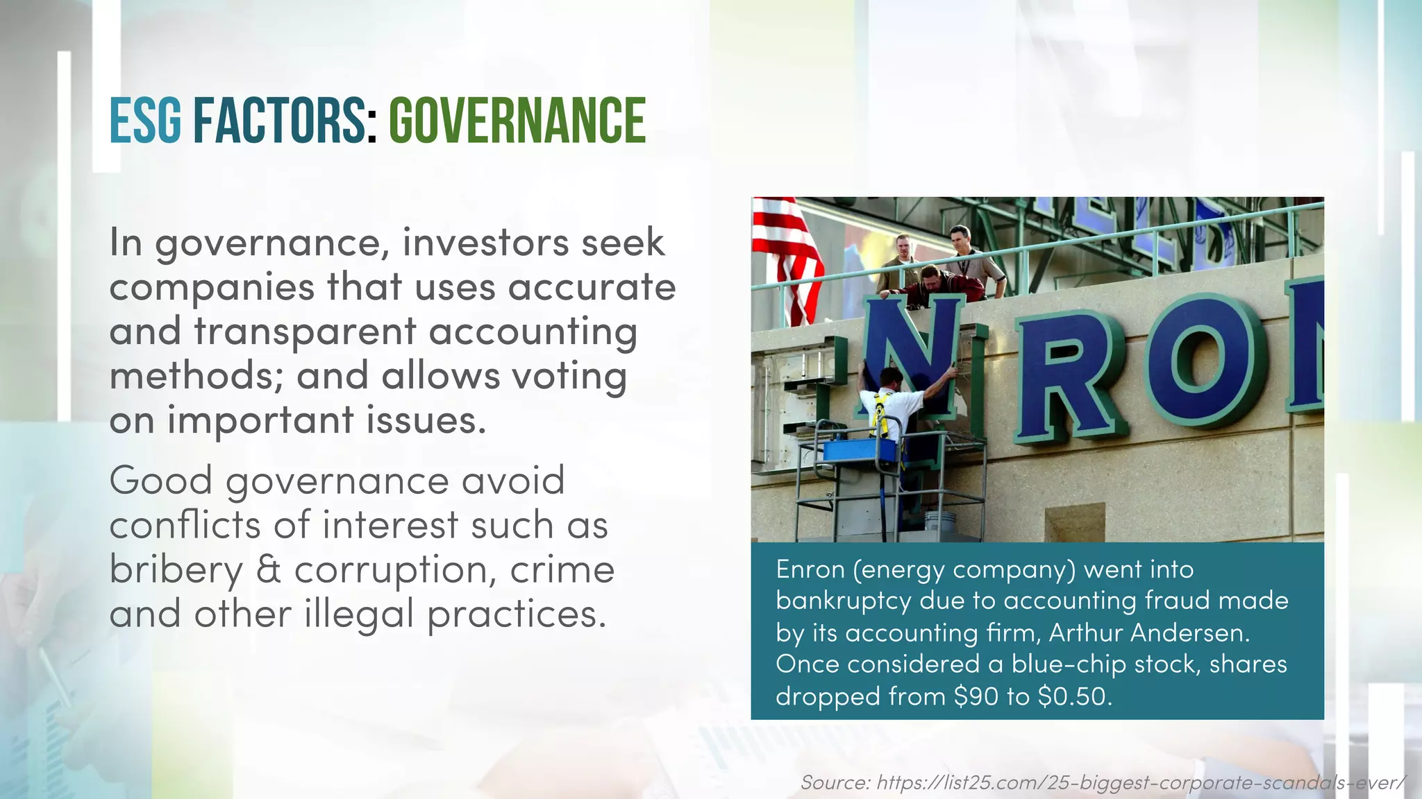 ESG Factors: Governance
In governance, investors seek
companies that uses accurate
and transparent accounting
methods; and allows voting
on important issues.
Good governance avoid
conflicts of interest such as
bribery & corruption, crime
and other illegal practices.
Enron (energy company) went into
bankruptcy due to accounting fraud made
by its accounting firm, Arthur Andersen.
Once considered a blue-chip stock, shares
dropped from $90 to $0.50.
Source: https://list25.com/25-biggest-corporate-scandals-ever/