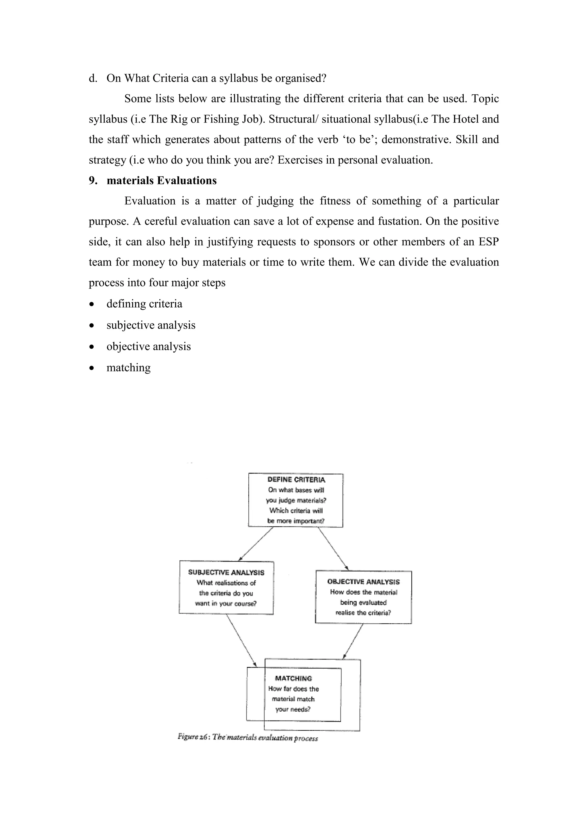 d. On What Criteria can a syllabus be organised?
Some lists below are illustrating the different criteria that can be used. Topic
syllabus (i.e The Rig or Fishing Job). Structural/ situational syllabus(i.e The Hotel and
the staff which generates about patterns of the verb ‘to be’; demonstrative. Skill and
strategy (i.e who do you think you are? Exercises in personal evaluation.
9. materials Evaluations
Evaluation is a matter of judging the fitness of something of a particular
purpose. A cereful evaluation can save a lot of expense and fustation. On the positive
side, it can also help in justifying requests to sponsors or other members of an ESP
team for money to buy materials or time to write them. We can divide the evaluation
process into four major steps
 defining criteria
 subjective analysis
 objective analysis
 matching
 