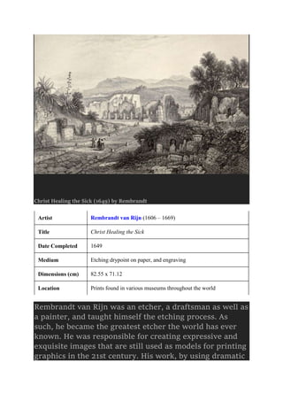 Christ Healing the Sick (1649) by Rembrandt
Artist Rembrandt van Rijn (1606 – 1669)
Title Christ Healing the Sick
Date Completed 1649
Medium Etching drypoint on paper, and engraving
Dimensions (cm) 82.55 x 71.12
Location Prints found in various museums throughout the world
Rembrandt van Rijn was an etcher, a draftsman as well as
a painter, and taught himself the etching process. As
such, he became the greatest etcher the world has ever
known. He was responsible for creating expressive and
exquisite images that are still used as models for printing
graphics in the 21st century. His work, by using dramatic
 