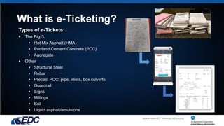 What is e-Ticketing?
Source: Iowa DOT, University of Kentucky
Types of e-Tickets:
• The Big 3
• Hot Mix Asphalt (HMA)
• Portland Cement Concrete (PCC)
• Aggregate
• Other
• Structural Steel
• Rebar
• Precast PCC: pipe, inlets, box culverts
• Guardrail
• Signs
• Millings
• Soil
• Liquid asphalt/emulsions
 