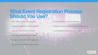 What Event Registration Process
Should You Use?
• NOT Offline - online efficiency best
• Customer registration can be updated
• User can make their ticket choice
• User can provide the required data
• E-tickets can be sent after registration
• Bar code on e-tickets to scan on entry
• Accept payment at point of registration
• Professional secure debit/credit card transactions
• List of registered attendees prior to event
 