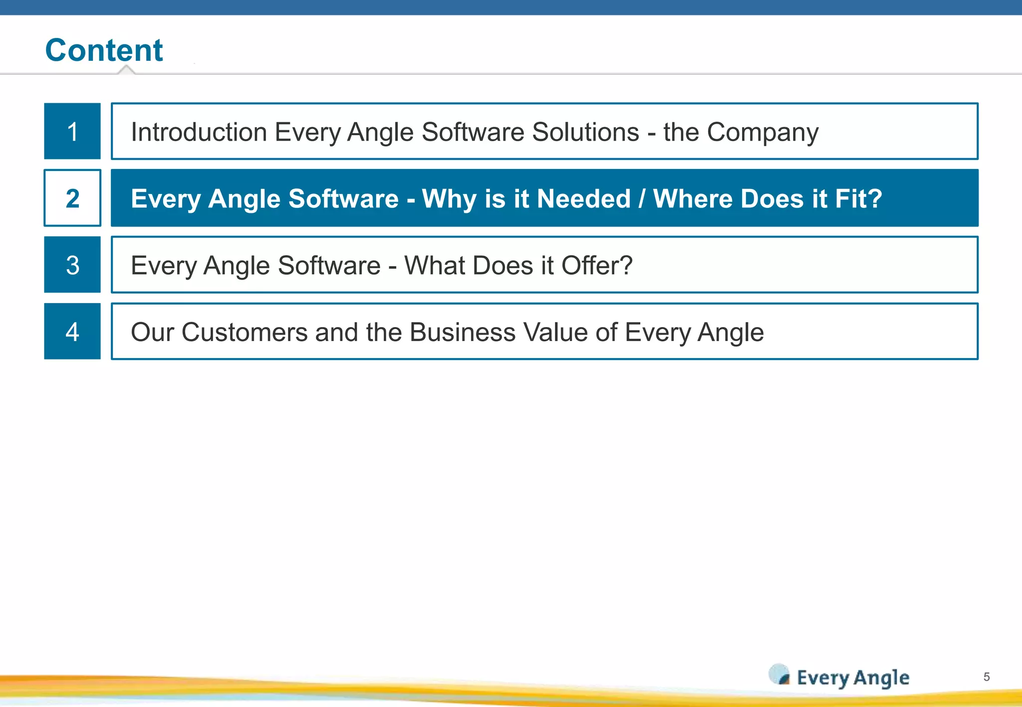 55
Content
●1
Every Angle Software - Why is it Needed / Where Does it Fit?
Every Angle Software - What Does it Offer?
Our Customers and the Business Value of Every Angle
Introduction Every Angle Software Solutions - the Company
●3
●4
●2
 
