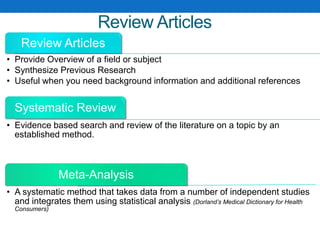 Review Articles
Review Articles
• Provide Overview of a field or subject
• Synthesize Previous Research
• Useful when you need background information and additional references
Systematic Review
• Evidence based search and review of the literature on a topic by an
established method.
Meta-Analysis
• A systematic method that takes data from a number of independent studies
and integrates them using statistical analysis (Dorland’s Medical Dictionary for Health
Consumers)
 