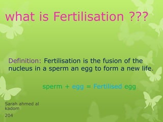 what is Fertilisation ??? 
Definition: Fertilisation is the fusion of the 
nucleus in a sperm an egg to form a new life. 
Sarah ahmed al 
kadom 
204 
sperm + egg = Fertilised egg 
 