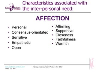 Personal Consensus-orientated Sensitive Empathetic Open Affirming Supportive Closeness Faithfulness Warmth AFFECTION (C) Copyright Key Talent Partners July 2012 www.keytalent-partners.com  01344 774 999 Characteristics associated with the inter-personal need: 