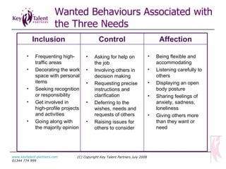 (C) Copyright Key Talent Partners July 2008 www.keytalent-partners.com  01344 774 999 Wanted Behaviours  Associated with the Three Needs Frequenting high-traffic areas  Decorating the work space with personal items Seeking recognition or responsibility Get involved in high-profile projects and activities Going along with the majority opinion Asking for help on the job Involving others in decision making Requesting precise instructions and clarification Deferring to the wishes, needs and requests of others Raising issues for others to consider  Being flexible and accommodating Listening carefully to others Displaying an open body posture Sharing feelings of anxiety, sadness, loneliness Giving others more than they want or need Affection Control Inclusion 