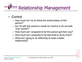 Relationship Management Control How much do I try to direct the actions/ideas of this person? Do I fit with this person’s needs for Control or do we both ‘over control’? How much am I prepared to let this person get their way? How much am I prepared to be told what to do by them? What am I going to do differently to build a better relationship? (C) Copyright Key Talent Partners July 2012 www.keytalent-partners.com  01344 774 999 