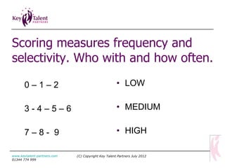Scoring measures frequency and selectivity. Who with and how often. 0 – 1 – 2  3 - 4 – 5 – 6 7 – 8 -  9  LOW MEDIUM HIGH (C) Copyright Key Talent Partners July 2012 www.keytalent-partners.com  01344 774 999 
