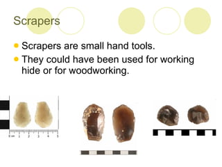 Scrapers Scrapers are small hand tools. They could have been used for working hide or for woodworking. 