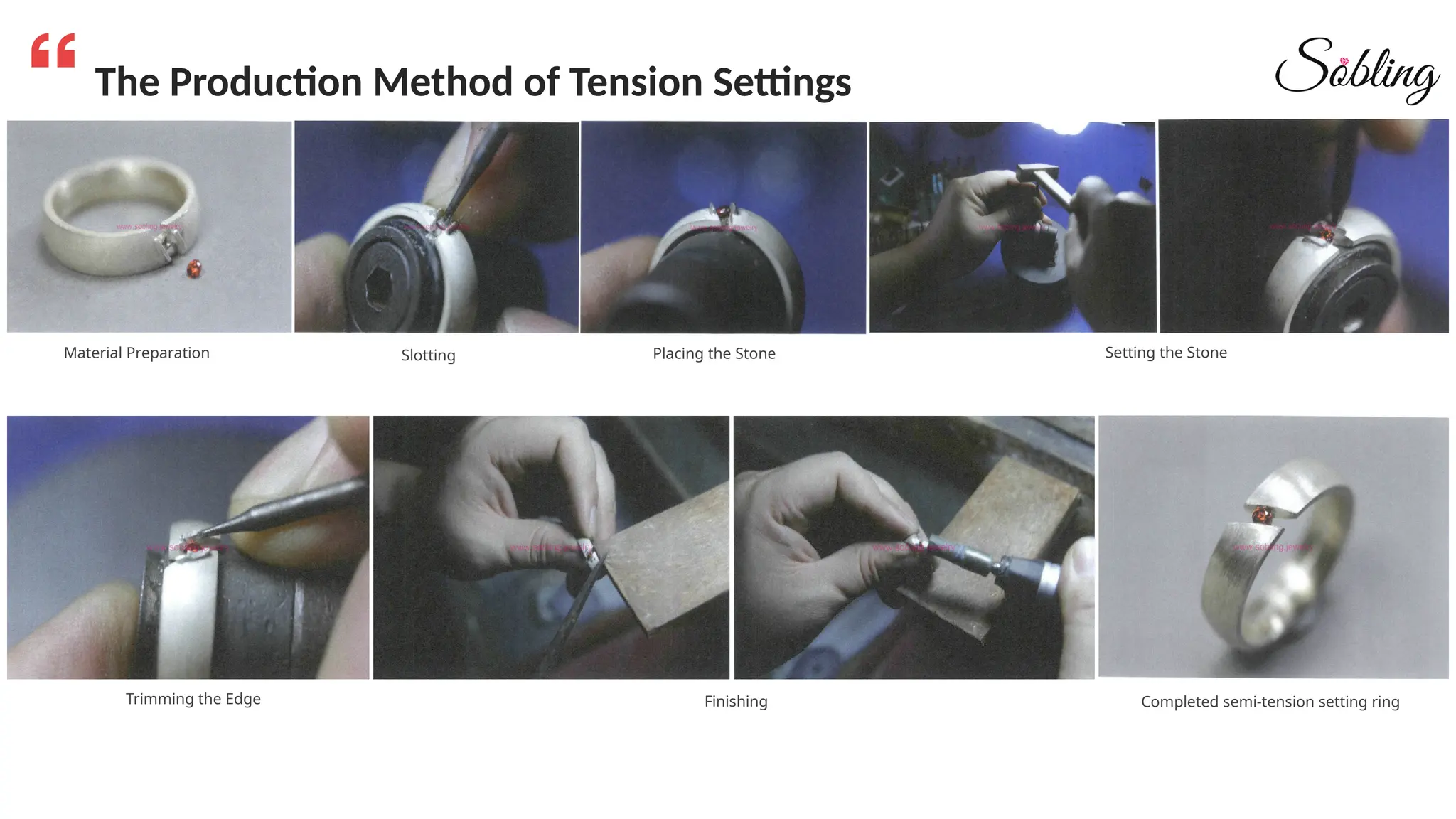 The Production Method of Tension Settings
Material Preparation Slotting Placing the Stone Setting the Stone
Trimming the Edge Finishing Completed semi-tension setting ring
 