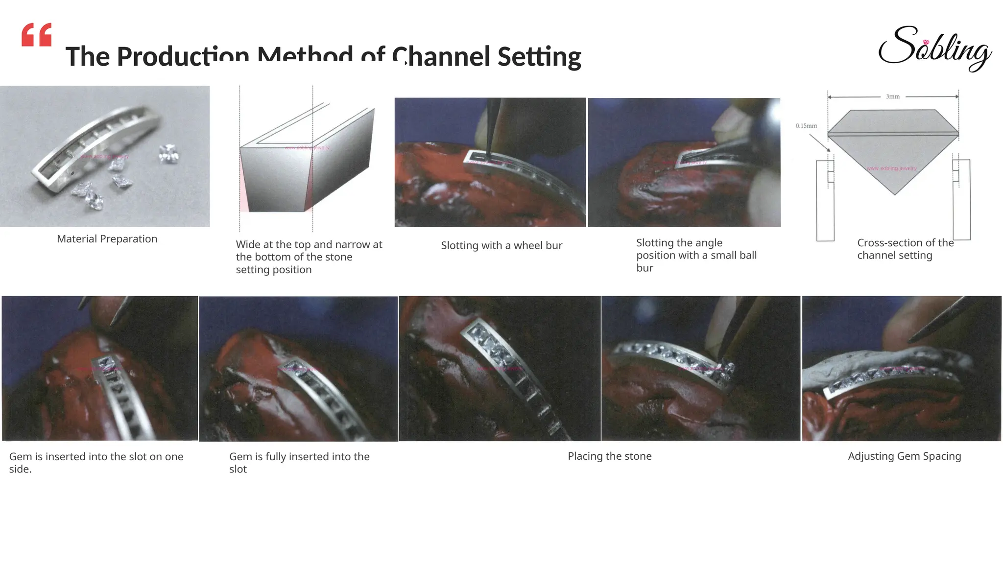 The Production Method of Channel Setting
Material Preparation
Wide at the top and narrow at
the bottom of the stone
setting position
Slotting with a wheel bur Slotting the angle
position with a small ball
bur
Cross-section of the
channel setting
Gem is inserted into the slot on one
side.
Gem is fully inserted into the
slot
Placing the stone Adjusting Gem Spacing
 