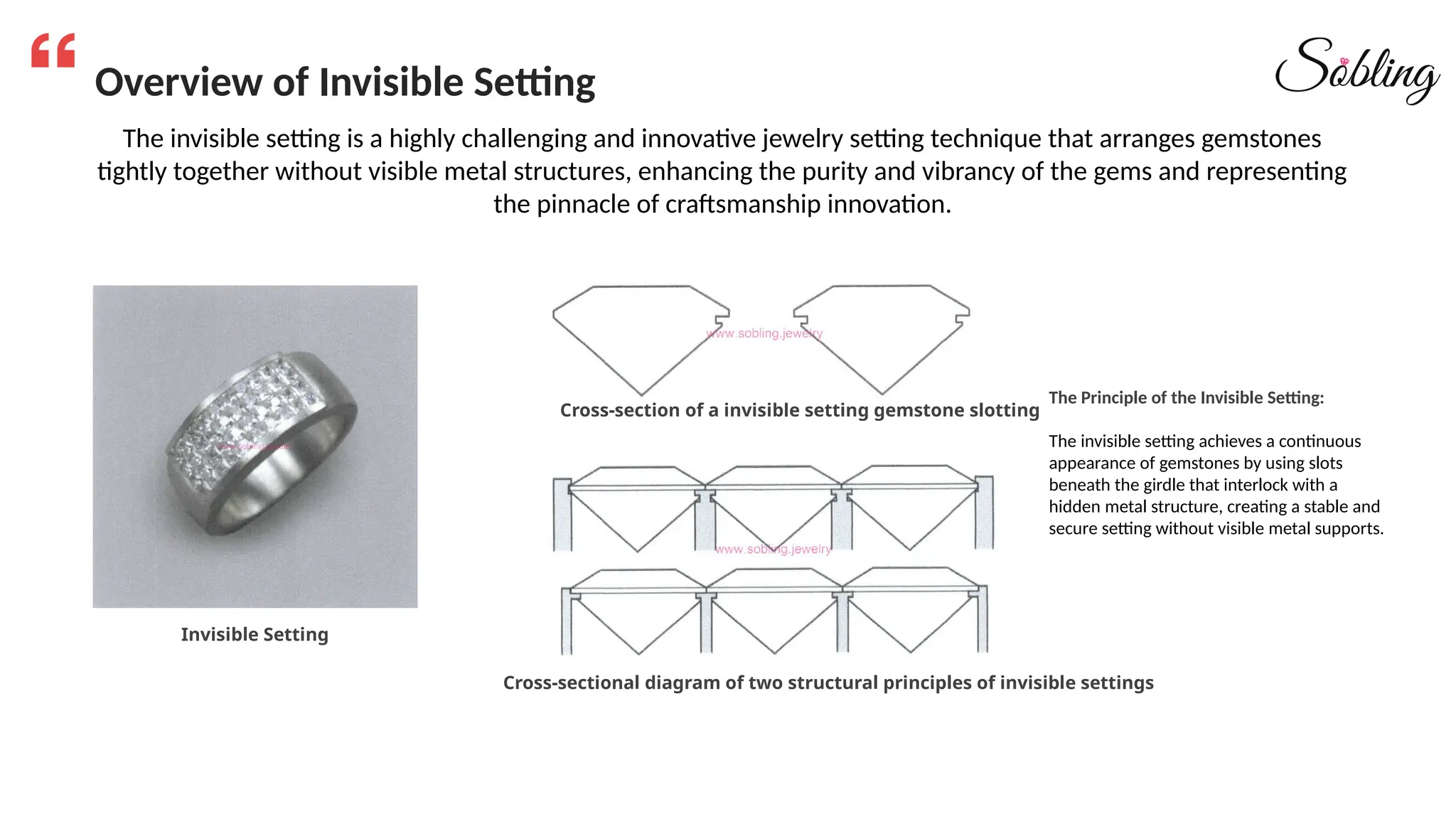 Overview of Invisible Setting
Invisible Setting
Cross-section of a invisible setting gemstone slotting
Cross-sectional diagram of two structural principles of invisible settings
The invisible setting is a highly challenging and innovative jewelry setting technique that arranges gemstones
tightly together without visible metal structures, enhancing the purity and vibrancy of the gems and representing
the pinnacle of craftsmanship innovation.
The Principle of the Invisible Setting:
The invisible setting achieves a continuous
appearance of gemstones by using slots
beneath the girdle that interlock with a
hidden metal structure, creating a stable and
secure setting without visible metal supports.
 