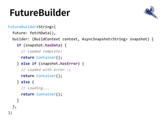 FutureBuilder
FutureBuilder<String>(
future: fetchData(),
builder: (BuildContext context, AsyncSnapshot<String> snapshot) {
if (snapshot.hasData) {
// Loaded complete!
return Container();
} else if (snapshot.hasError) {
// Loaded with error :(
return Container();
} else {
// Loading...
return Container();
}
},
);
 