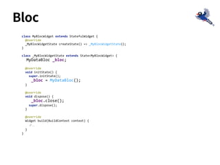 class MyBlocWidget extends StatefulWidget {
@override
_MyBlocWidgetState createState() => _MyBlocWidgetState();
}
class _MyBlocWidgetState extends State<MyBlocWidget> {
MyDataBloc _bloc;
@override
void initState() {
super.initState();
_bloc = MyDataBloc();
}
@override
void dispose() {
_bloc.close();
super.dispose();
}
@override
Widget build(BuildContext context) {
// ...
}
}
Bloc
 