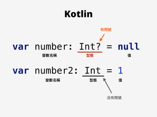 var number: Int? = null
var number2: Int = 1
變數名稱 型態 值
變數名稱 型態 值
有問號
沒有問號
Kotlin
 