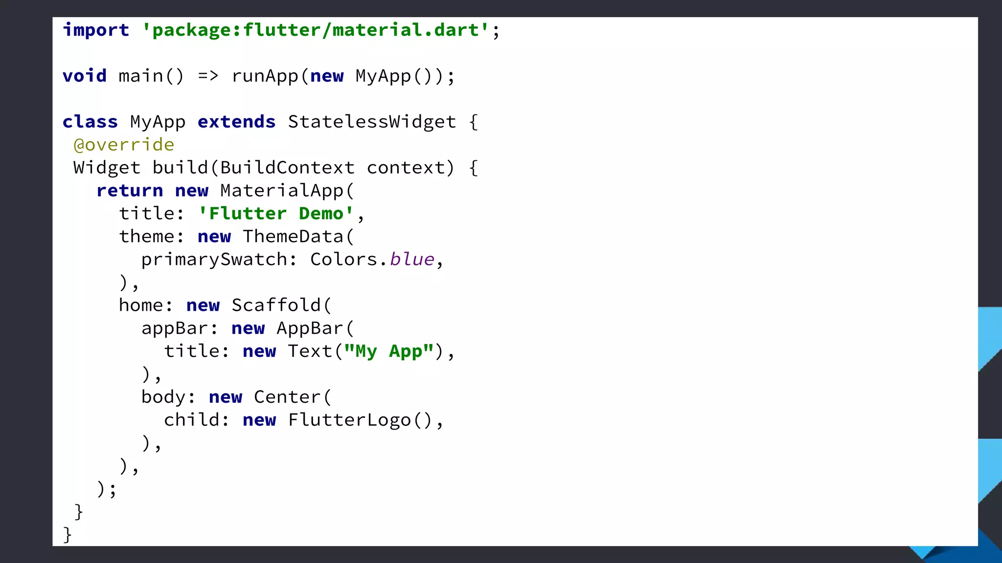 import 'package:flutter/material.dart';
void main() => runApp(new MyApp());
class MyApp extends StatelessWidget {
@override
Widget build(BuildContext context) {
return new MaterialApp(
title: 'Flutter Demo',
theme: new ThemeData(
primarySwatch: Colors.blue,
),
home: new Scaffold(
appBar: new AppBar(
title: new Text("My App"),
),
body: new Center(
child: new FlutterLogo(),
),
),
);
}
}
 