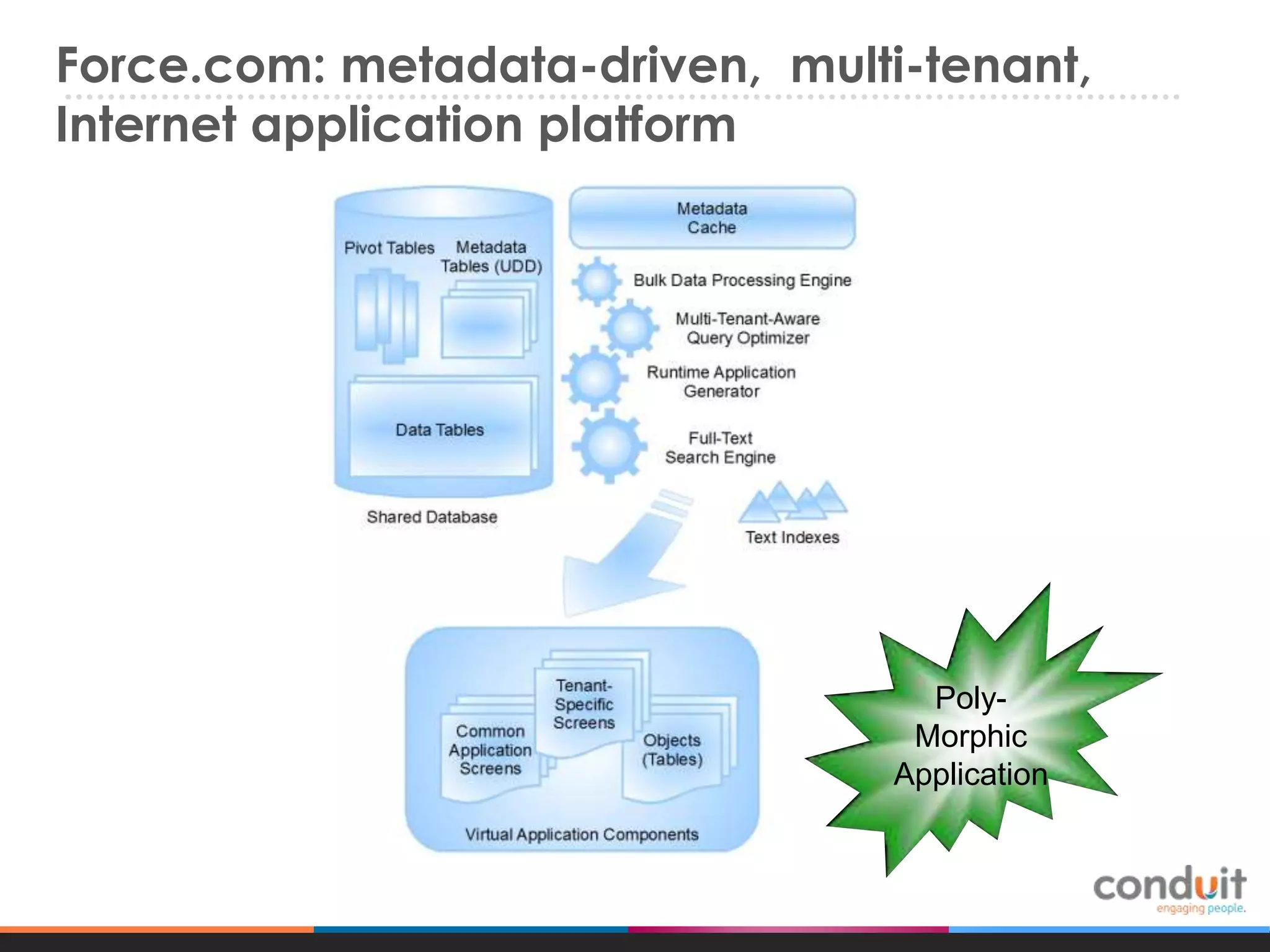 Force.com: metadata-driven, multi-tenant,
Internet application platform

PolyMorphic
Application

 