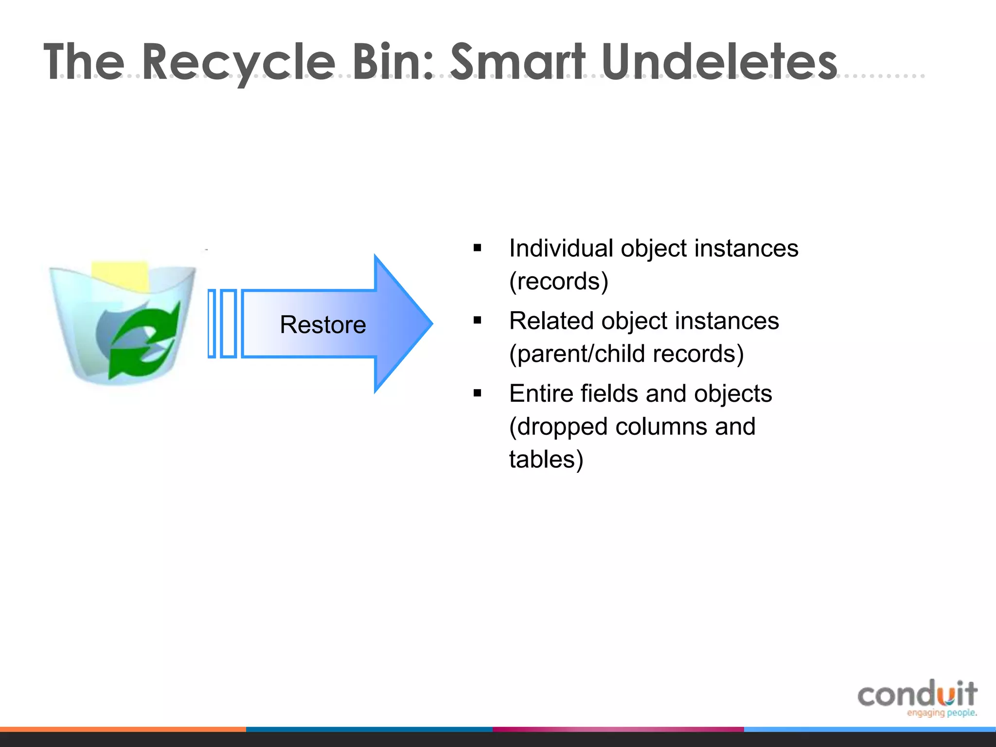 The Recycle Bin: Smart Undeletes


Restore

Individual object instances
(records)



Related object instances
(parent/child records)



Entire fields and objects
(dropped columns and
tables)

 