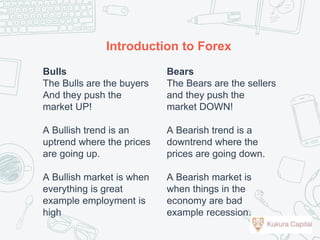 Bulls
The Bulls are the buyers
And they push the
market UP!
A Bullish trend is an
uptrend where the prices
are going up.
A Bullish market is when
everything is great
example employment is
high
Introduction to Forex
Bears
The Bears are the sellers
and they push the
market DOWN!
A Bearish trend is a
downtrend where the
prices are going down.
A Bearish market is
when things in the
economy are bad
example recession.
 