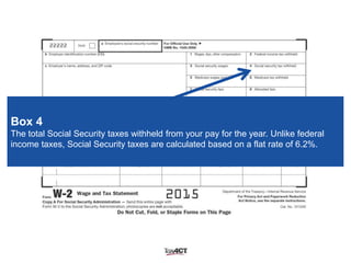 Box 4
The total Social Security taxes withheld from your pay for the year. Unlike federal
income taxes, Social Security taxes are calculated based on a flat rate of 6.2%.
 