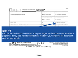Box 10
Reports the total amount deducted from your wages for dependent care assistance
programs. It may also include contributions made by your employer for dependent
care on your behalf.
 