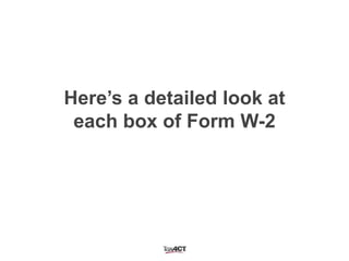 Here’s a detailed look at
each box of Form W-2
 