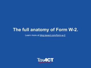 The full anatomy of Form W-2.
Learn more at blog.taxact.com/form-w-2.
 