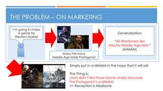 THE PROBLEM – ON MARKETING
I’m going to make
A game for
Western Market
Many hits have
Middle Age Male Protagonist
Generalization
“All Westerners like
Macho Middle Age Man”
(MMAM)
Simply put in a MMAM in the hope that it will sell
The Thing is:
Users didn’t like those Game simply because
the Protagonist is a MMAM
<= Reception is Mediocre
 