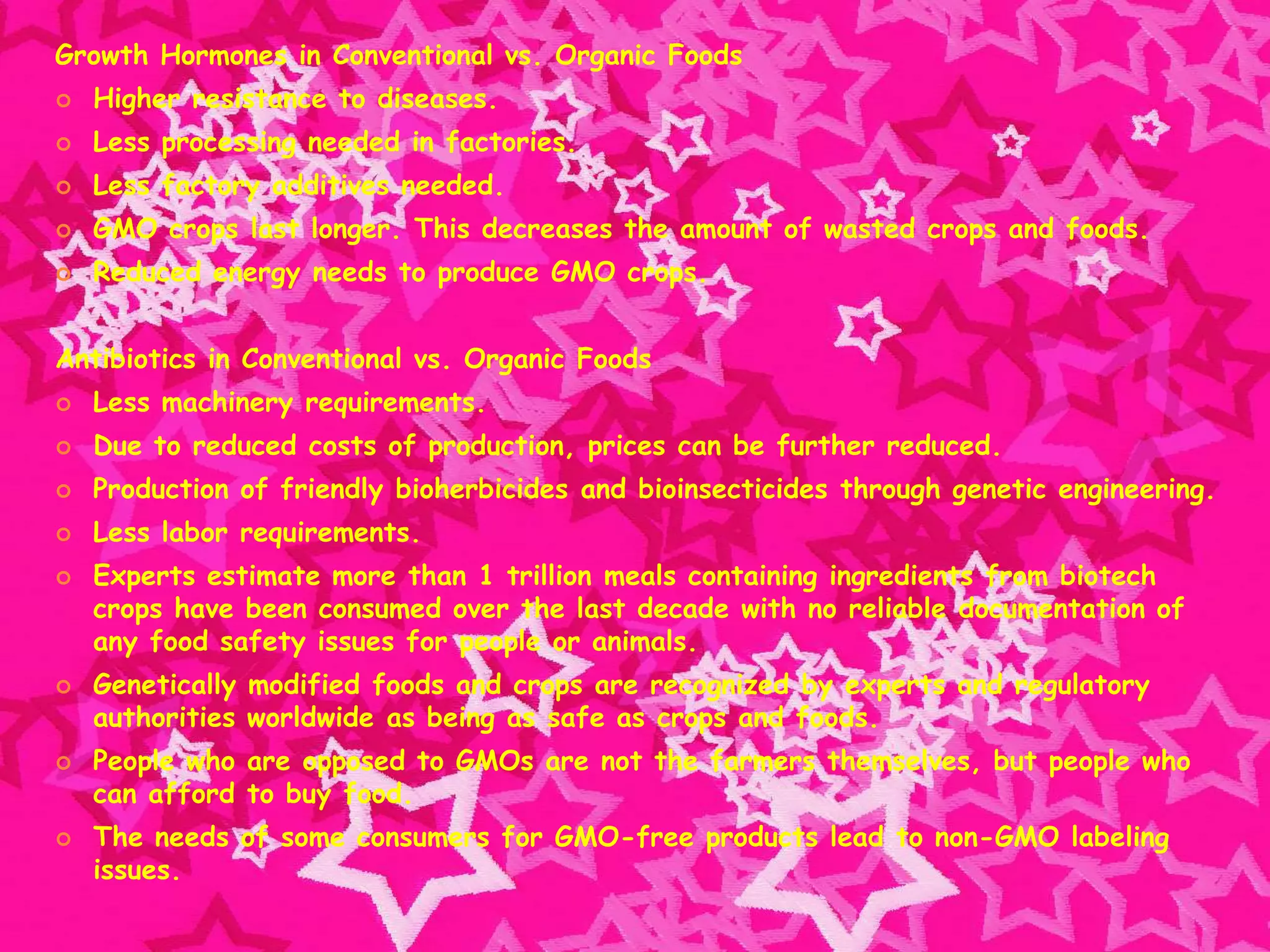 Growth Hormones in Conventional vs. Organic FoodsHigher resistance to diseases.Less processing needed in factories.Less factory additives needed.GMO crops last longer. This decreases the amount of wasted crops and foods.Reduced energy needs to produce GMO crops. Antibiotics in Conventional vs. Organic FoodsLess machinery requirements.Due to reduced costs of production, prices can be further reduced.Production of friendly bioherbicides and bioinsecticides through genetic engineering.Less labor requirements.Experts estimate more than 1 trillion meals containing ingredients from biotech crops have been consumed over the last decade with no reliable documentation of any food safety issues for people or animals.Genetically modified foods and crops are recognized by experts and regulatory authorities worldwide as being as safe as crops and foods.People who are opposed to GMOs are not the farmers themselves, but people who can afford to buy food.The needs of some consumers for GMO-free products lead to non-GMO labeling issues.