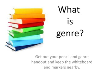 What
is
genre?
Get out your pencil and genre
handout and keep the whiteboard
and markers nearby.
 